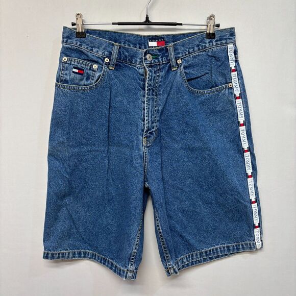 Vintage Tommy Hilfiger Men Jean Denim Shorts Size 32 Baggy Y2K Utility C025 -4 - Picture 1 of 16